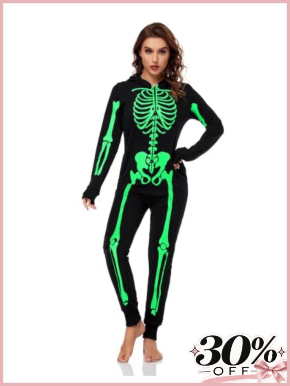 Women's Glow in the Dark Skeleton Halloween Onesie Costume Zip Hooded